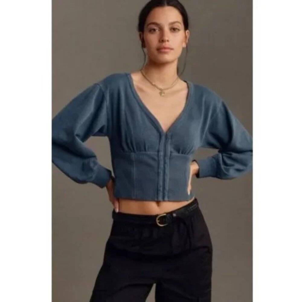 Pilcro Anthropologie Long-Sleeve Cropped Sweatshirt Blouse Cotton Top S 273077 - Picture 1 of 7